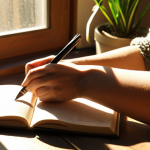 **

A person writing in a journal by a sunlit window, casting long shadows. The journal is open, and a pen rests on the page. Soft, warm lighting with focus on the hand holding the pen. Include elements symbolizing healing and personal growth such as a small potted plant or a butterfly nearby. Emphasize the vulnerability and strength in their posture.

**