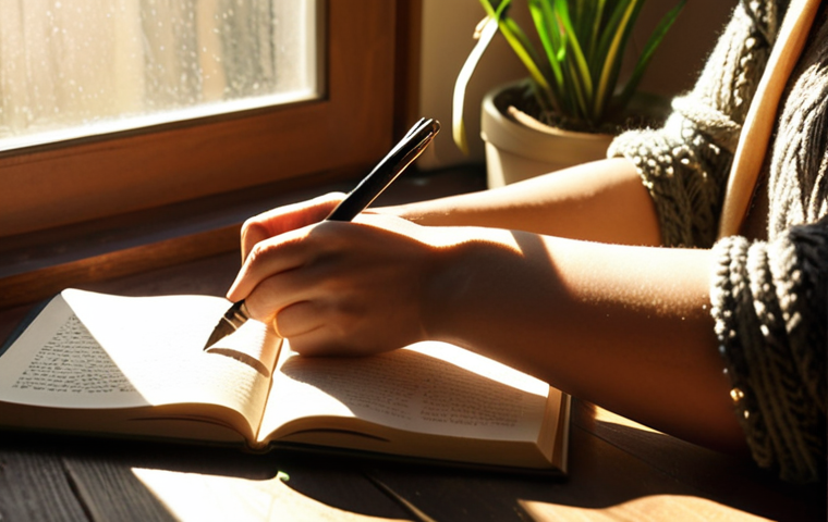 **
A person writing in a journal by a sunlit window, casting long shadows. The journal is open, and a pen rests on the page. Soft, warm lighting with focus on the hand holding the pen. Include elements symbolizing healing and personal growth such as a small potted plant or a butterfly nearby. Emphasize the vulnerability and strength in their posture.
**