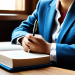A professional individual, fully clothed in a modest business suit, sitting comfortably at a natural wooden desk. They hold a pen poised over an open, elegant journal, with a thoughtful, focused expression. The setting is a serene, sunlit study with soft, blurred bookshelves in the background, creating an atmosphere of deep introspection and empowerment. A subtle, luminous conceptual thread appears to emerge from the pen onto the journal page, symbolizing the weaving of one's life narrative. Perfect anatomy, correct proportions, natural pose, well-formed hands, proper finger count, professional photography, high quality, safe for work, appropriate content, family-friendly.