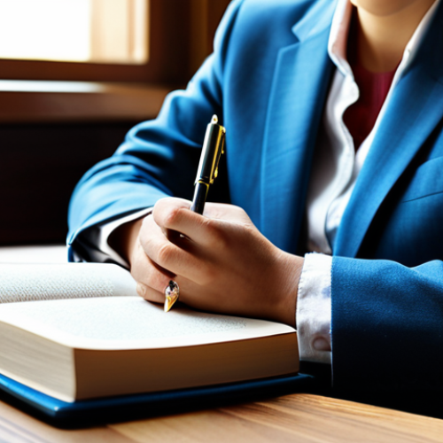 A professional individual, fully clothed in a modest business suit, sitting comfortably at a natural wooden desk. They hold a pen poised over an open, elegant journal, with a thoughtful, focused expression. The setting is a serene, sunlit study with soft, blurred bookshelves in the background, creating an atmosphere of deep introspection and empowerment. A subtle, luminous conceptual thread appears to emerge from the pen onto the journal page, symbolizing the weaving of one's life narrative. Perfect anatomy, correct proportions, natural pose, well-formed hands, proper finger count, professional photography, high quality, safe for work, appropriate content, family-friendly.