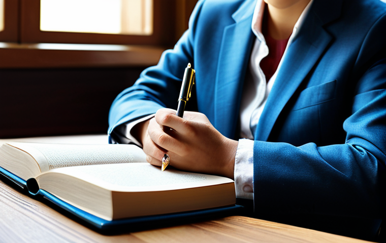 A professional individual, fully clothed in a modest business suit, sitting comfortably at a natural wooden desk. They hold a pen poised over an open, elegant journal, with a thoughtful, focused expression. The setting is a serene, sunlit study with soft, blurred bookshelves in the background, creating an atmosphere of deep introspection and empowerment. A subtle, luminous conceptual thread appears to emerge from the pen onto the journal page, symbolizing the weaving of one's life narrative. Perfect anatomy, correct proportions, natural pose, well-formed hands, proper finger count, professional photography, high quality, safe for work, appropriate content, family-friendly.