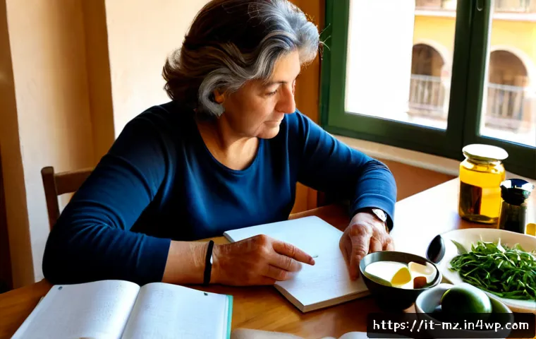 Home 14 내러티브 건강법의 정체성 구축 - Photorealistic lifestyle scene of an Italian woman in her early 60s creating a personal wellness sto...