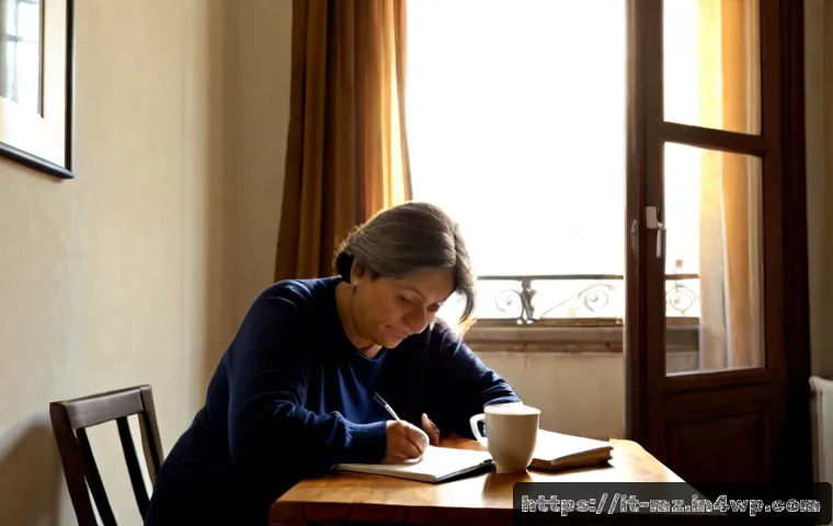 내러티브 건강법과 정신적 회복 속도 - Photorealistic Italian woman in her early 50s seated comfortably in a sunlit apartment living room i...